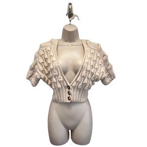 Catherine Malandrino Chunky Cropped Baby Alpaca Sweater Floral Cable P XS Cream